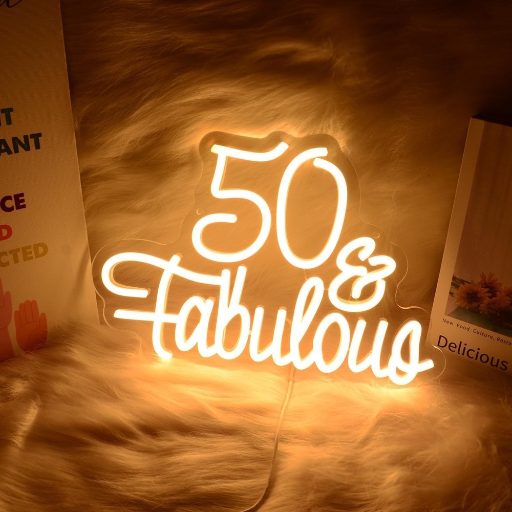 Wutrnjd 50 & Fabulous Neon Sign Warm White LED 50th Birthday Party Decor USB